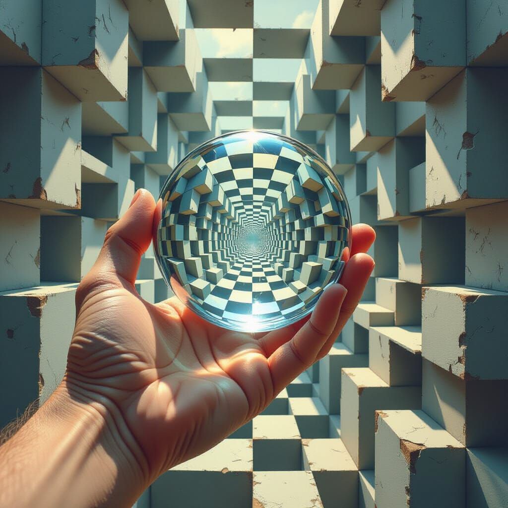 Surreal Hand Reflects Impossible World in Escher Style