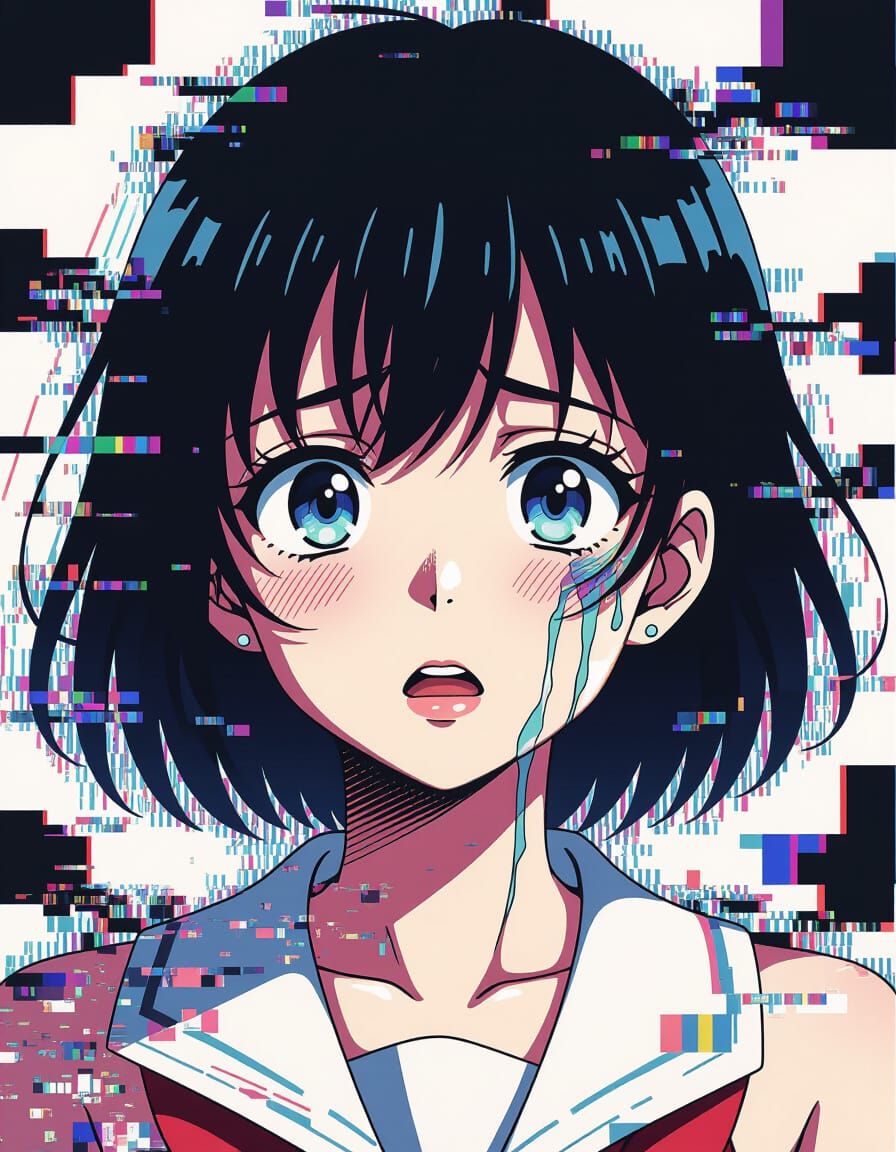 Anime Girl Portrait Melts into Glitch Art
