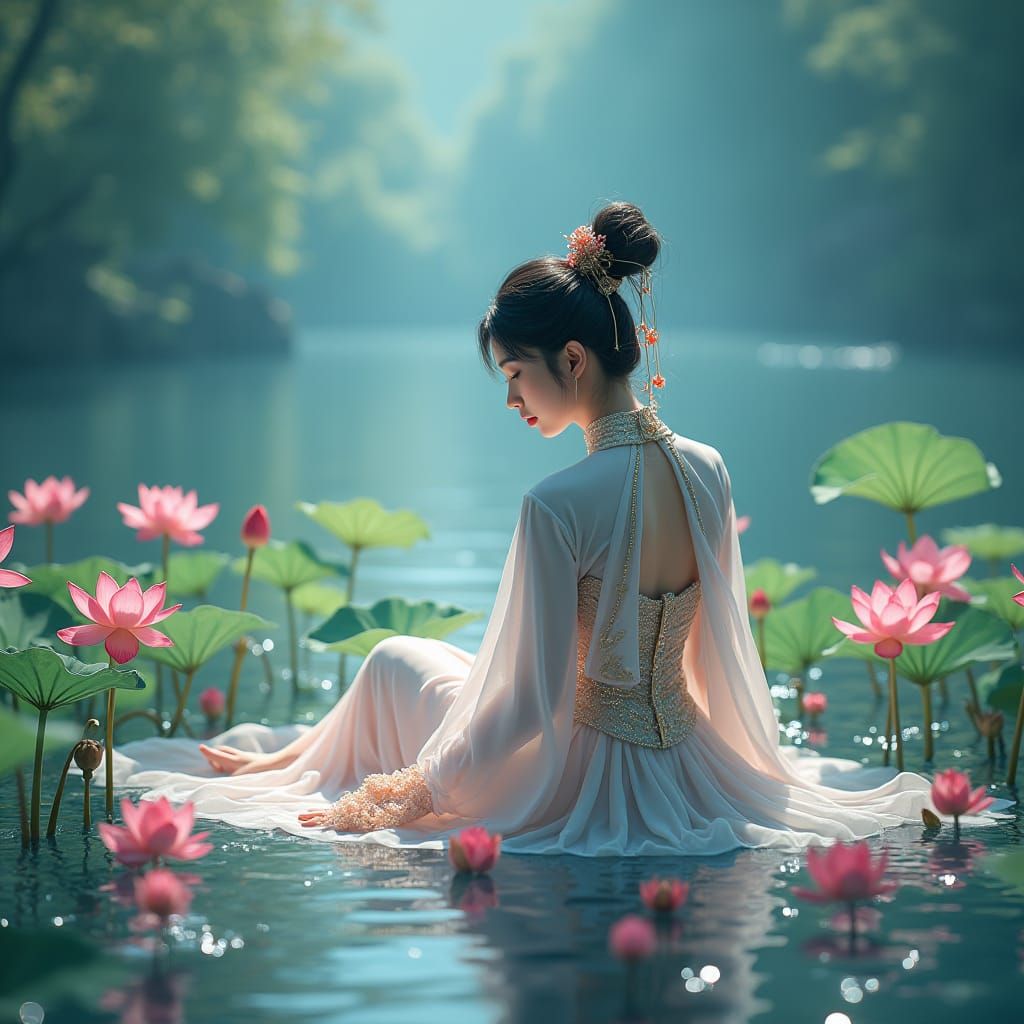 Chinese Woman in Lotus Pond: A Tranquil Scene