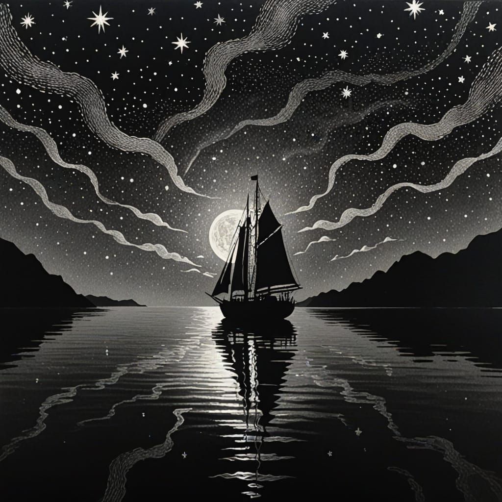 Mystical Starry Night Over Black Sea: Silver Etching