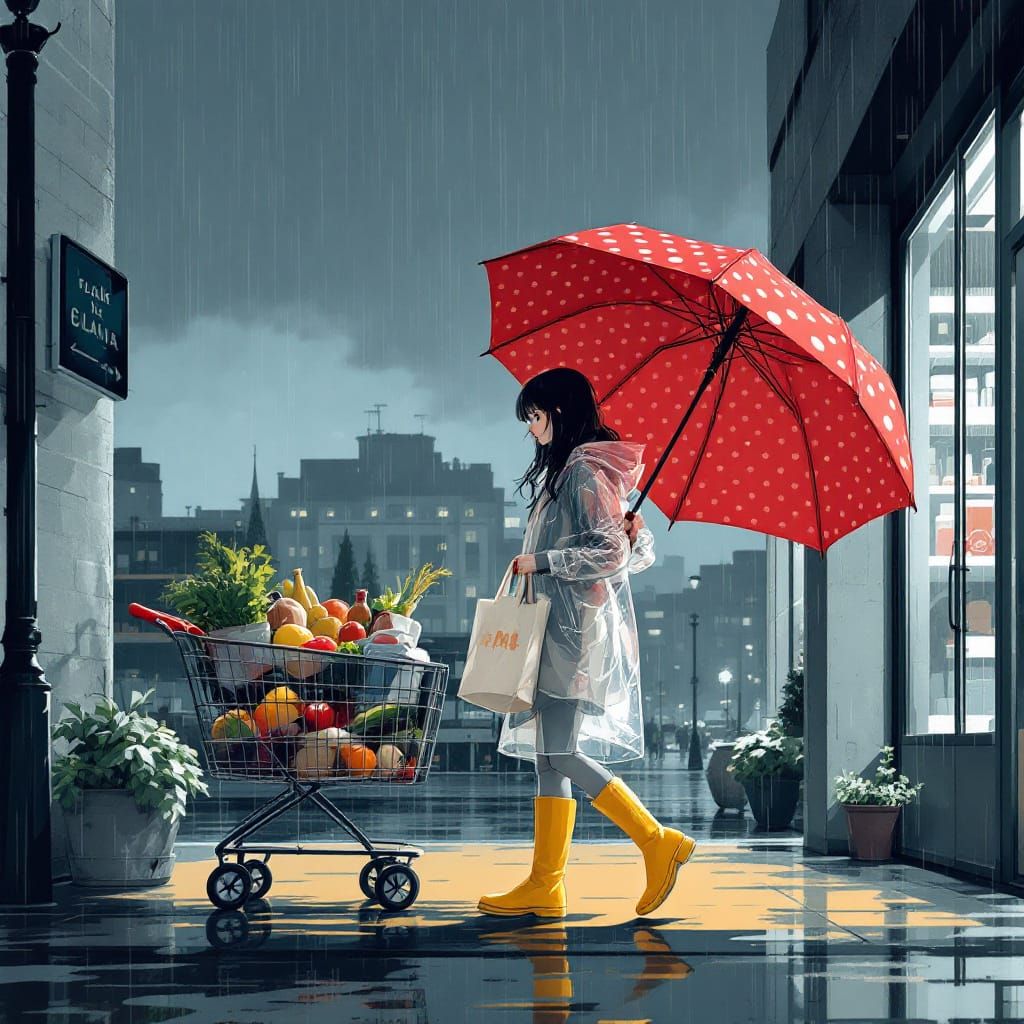 Italian Girl with Red Umbrella: Anime-Inspired Rainy Day