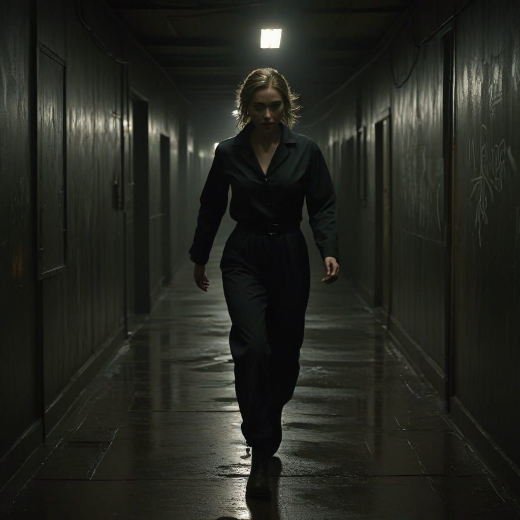 Gritty Film Noir Moment in a Dark Corridor