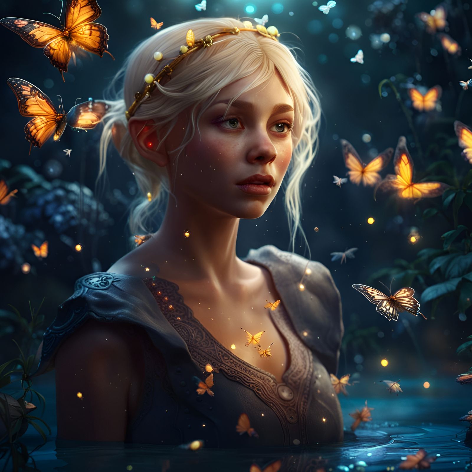 Enchanting Fairy Girl Amidst Fireflies, Digital Art