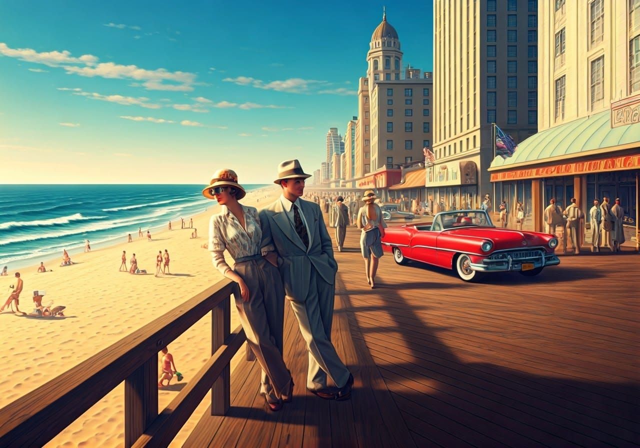 Elegant Atlantic City Boardwalk Scene with Vintage Elegance
