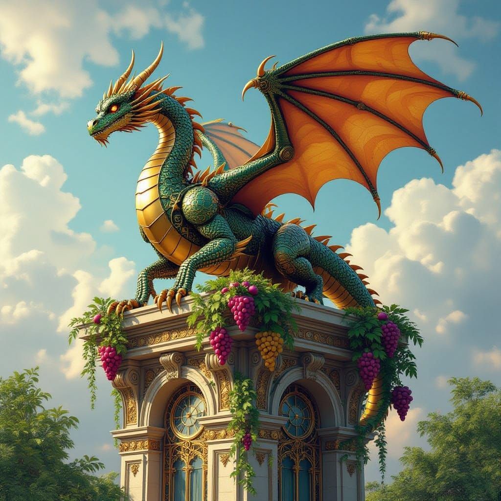 Mechanical Dragon Perched on Art Nouveau Tower
