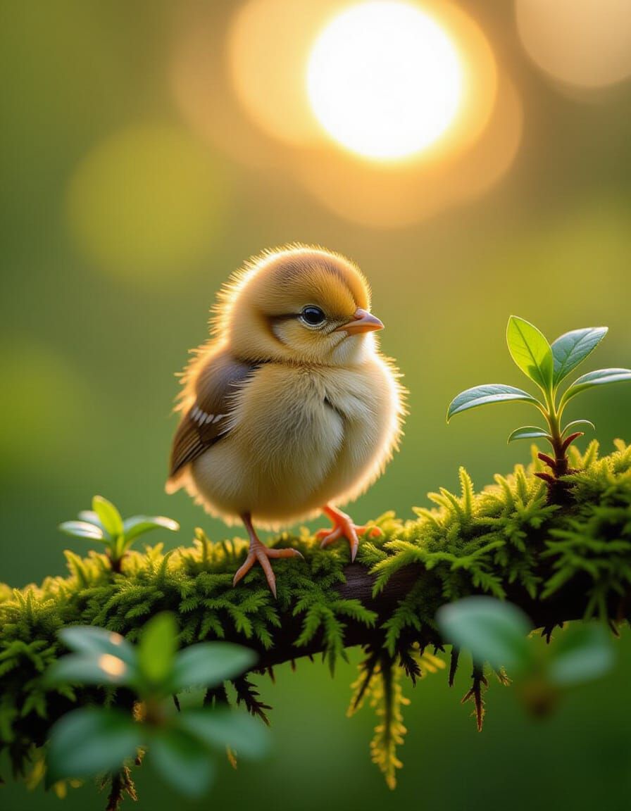 Dawn Serenity: Chick on Mossy Branch in Golden Light