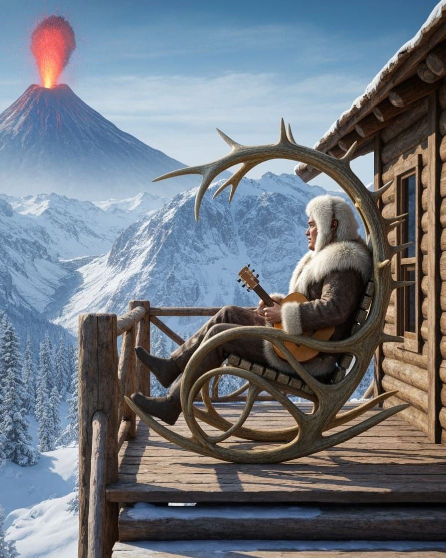 Antler Spiked Rocking Chair With Eskimo Guitarist