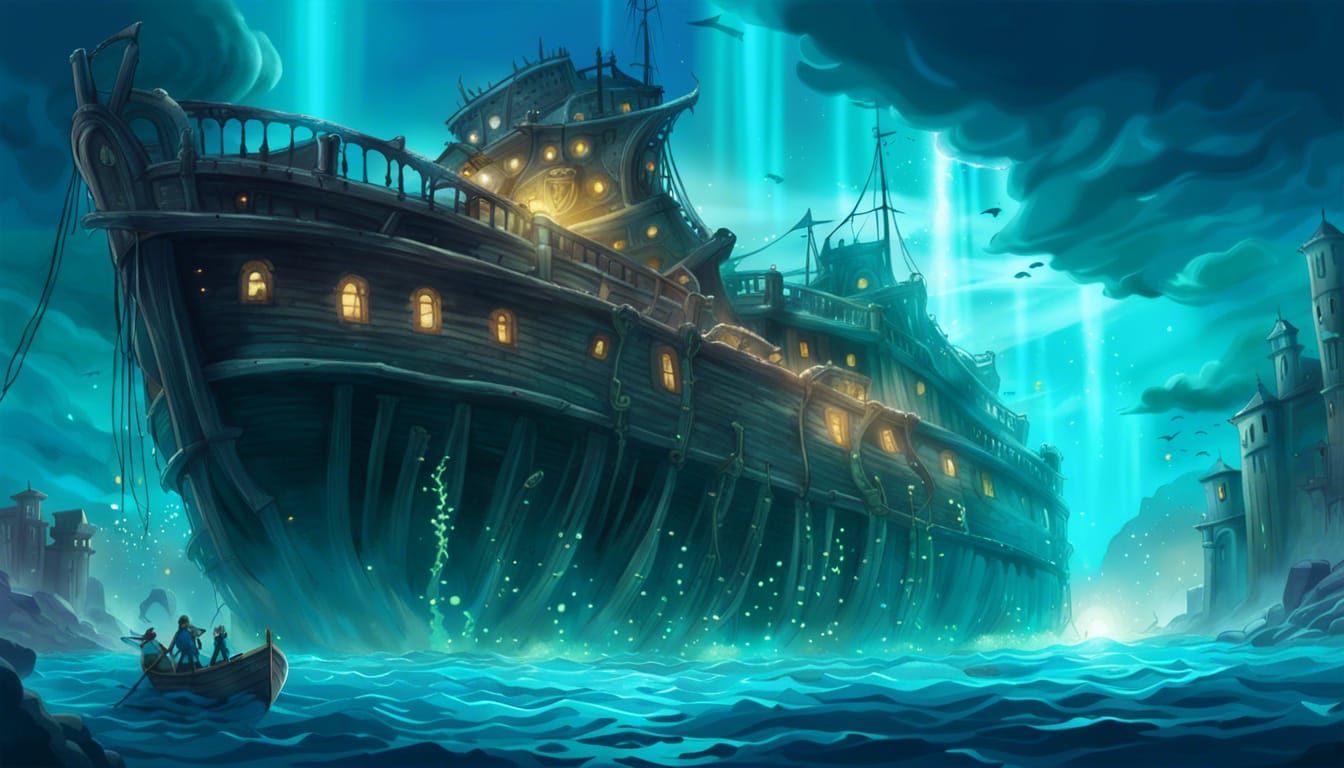 Ethereal Bioluminescent Shipwreck in Anime Style