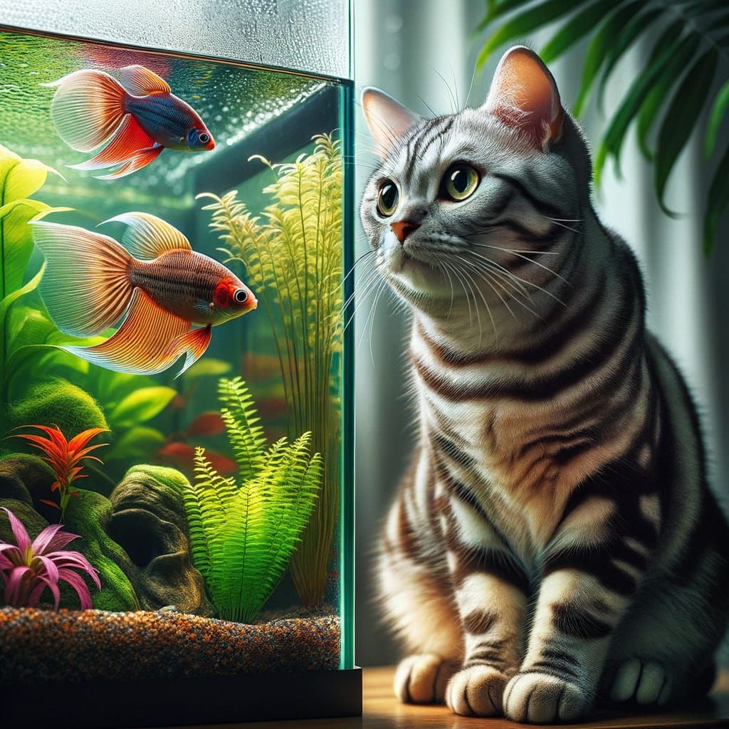 Striped Tabby Cat Surrounded by Vibrant Aquarium