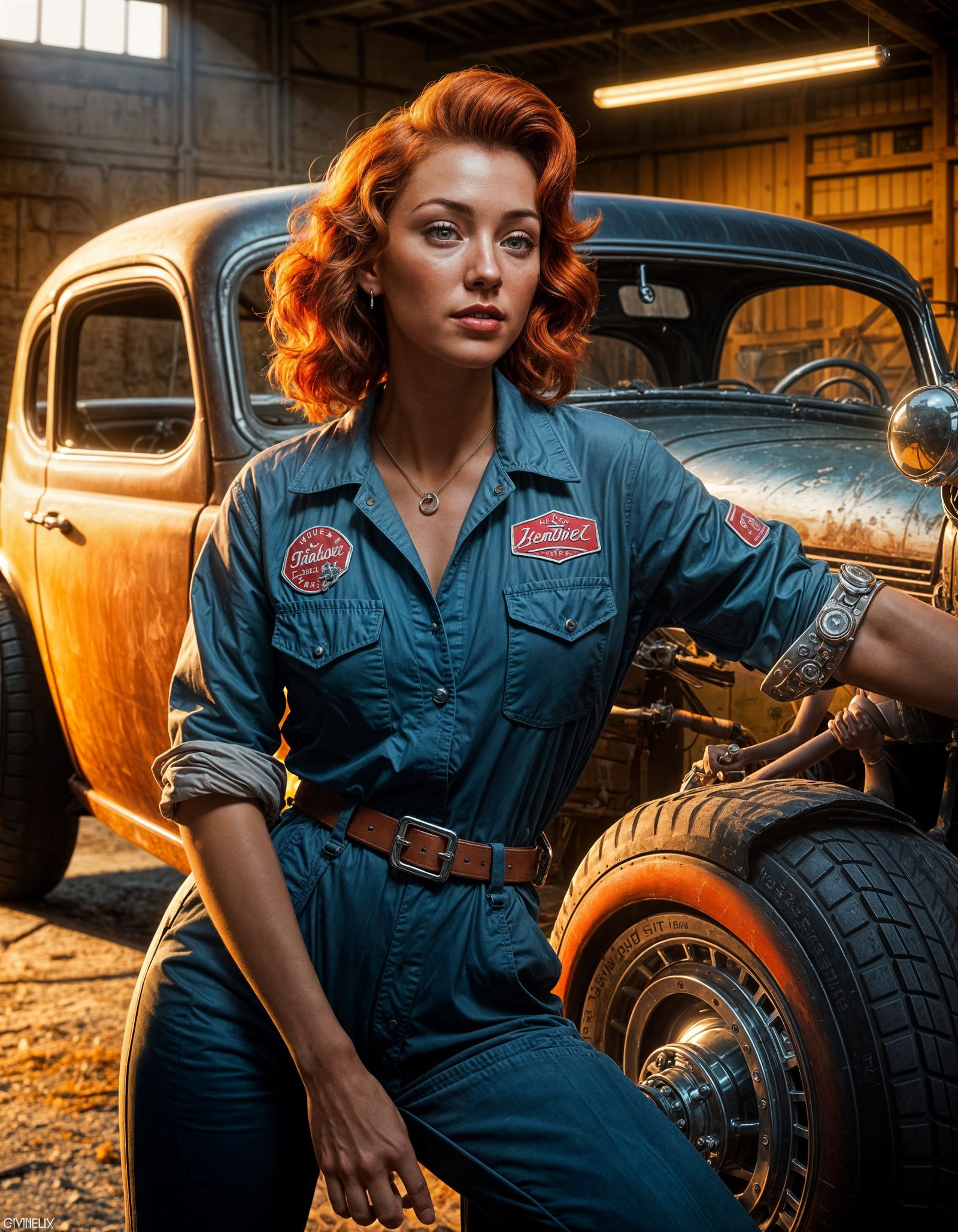 Vintage Pin-Up Girl with Hot Rod, Eye-Level Shot