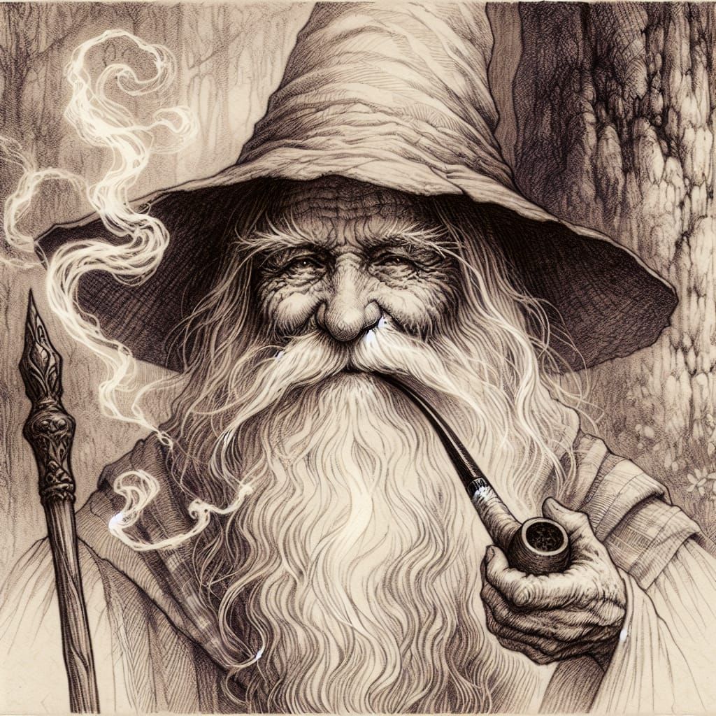 Vintage Pencil Sketch of a Wise Old Wizard