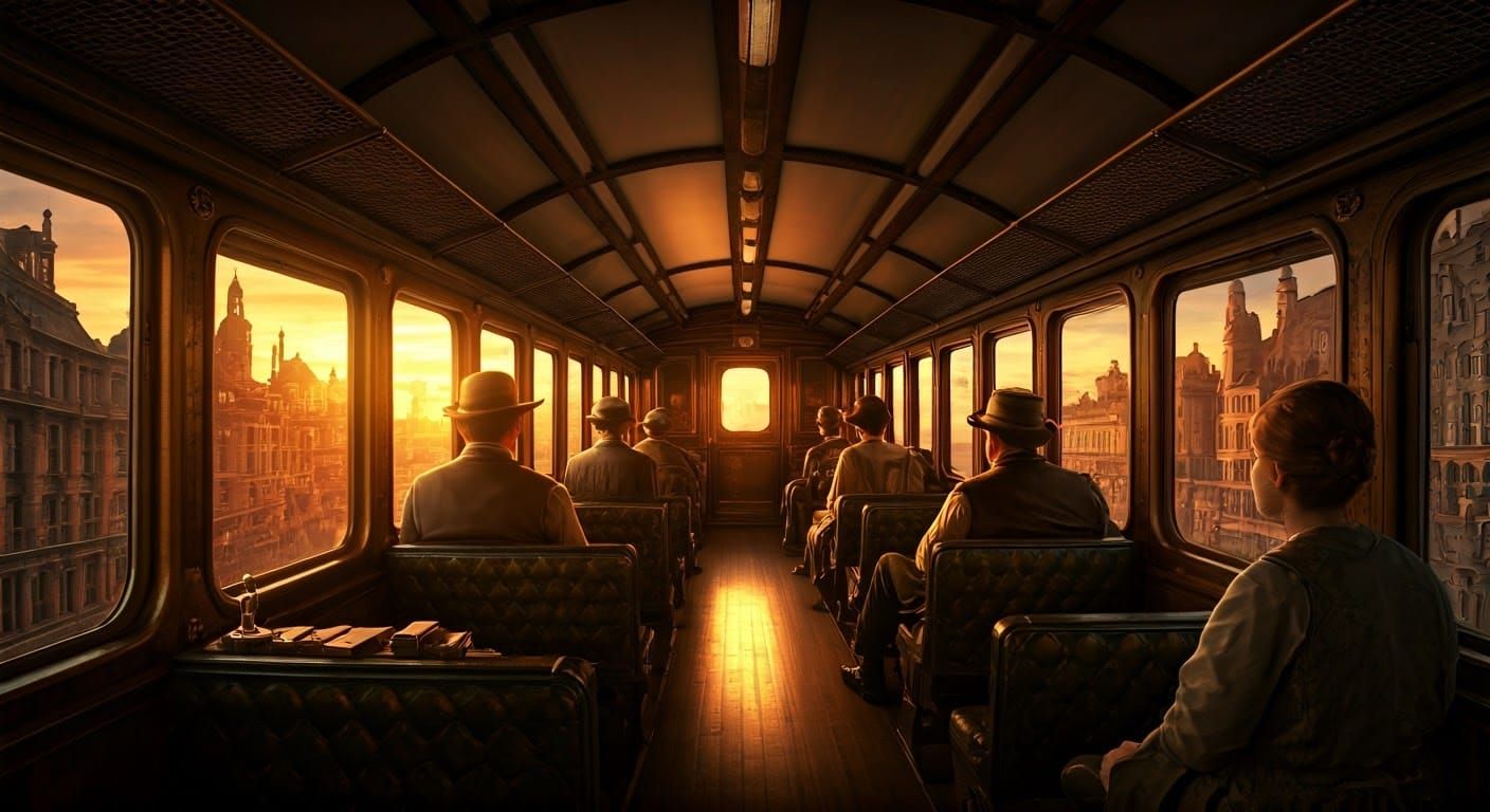 Steampunk Train Journey at Sunset