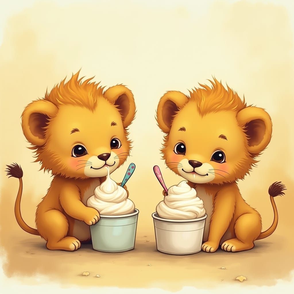 Lion Cubs Enjoying Treats: Beatrix Potter Style