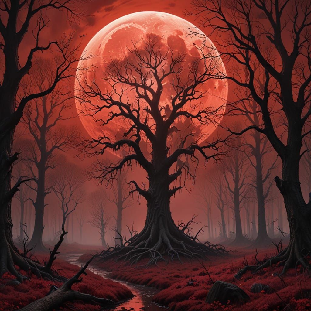 Twilight Red Forest Under Blood Moon