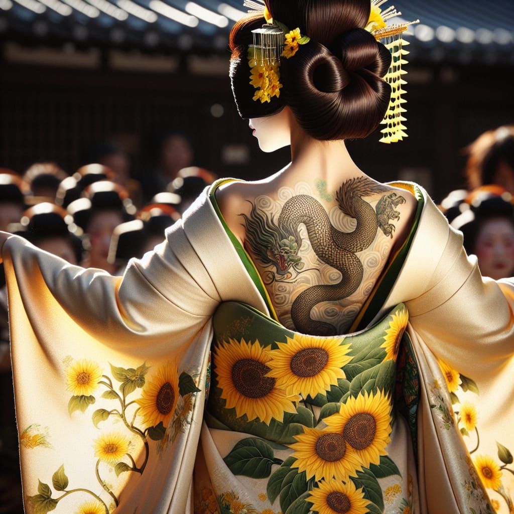 Geisha in Sunflower Kimono with Dragon Tattoo