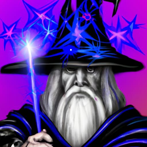 Greyhaired Wizard with Glowing Wand in Digital Art
