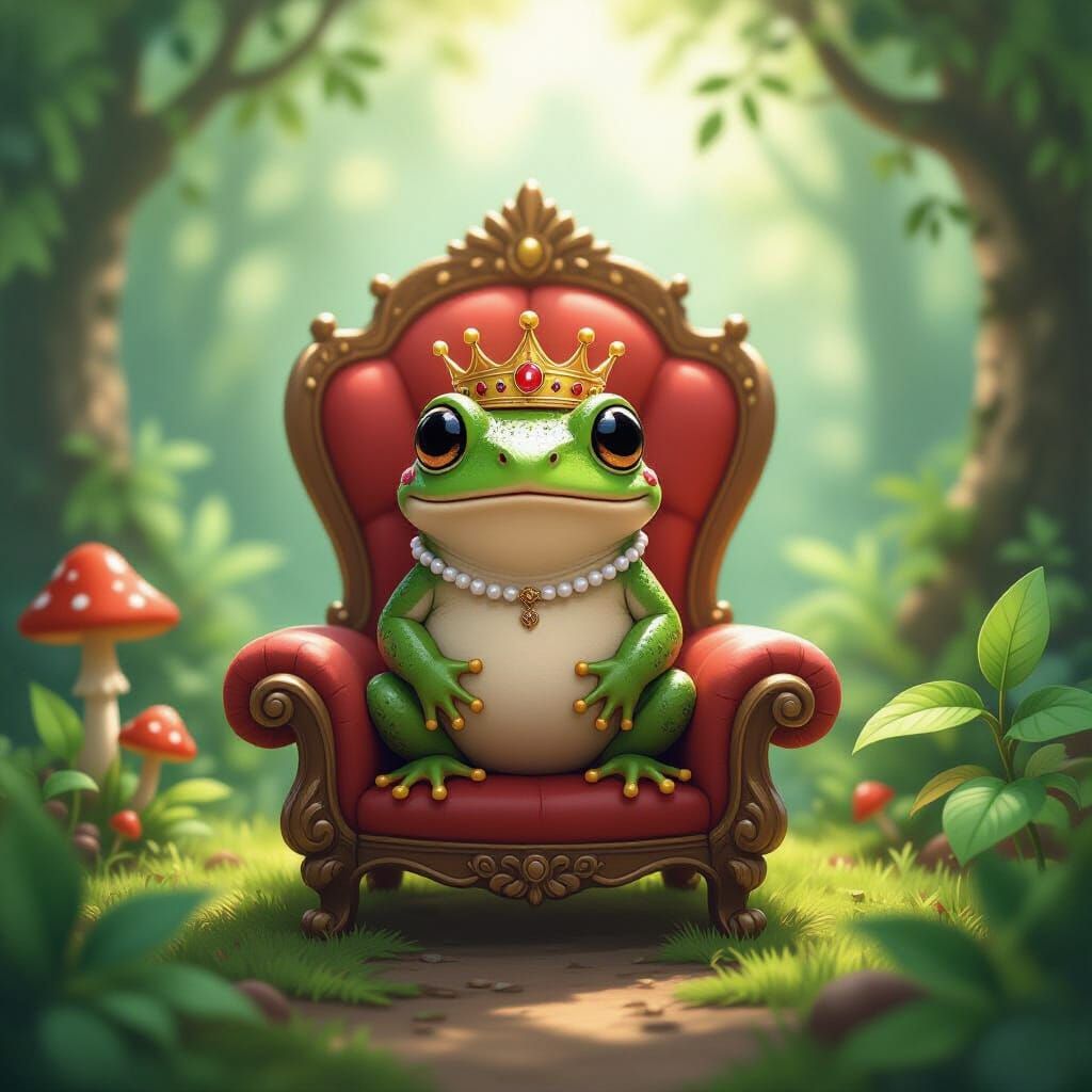 Crowned Frog on Mushroom Throne in Forest