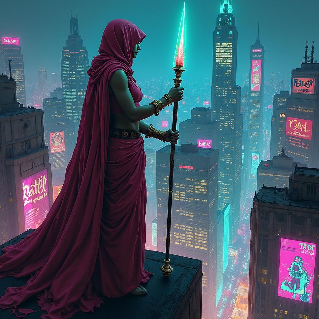 Athena in Cyberpunk Cityscape with Auroral Spear