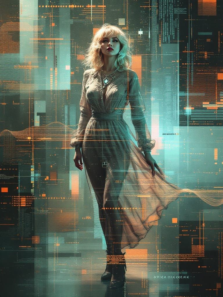 Pin-Up Woman with Glitch Art and Fractal Data Streams