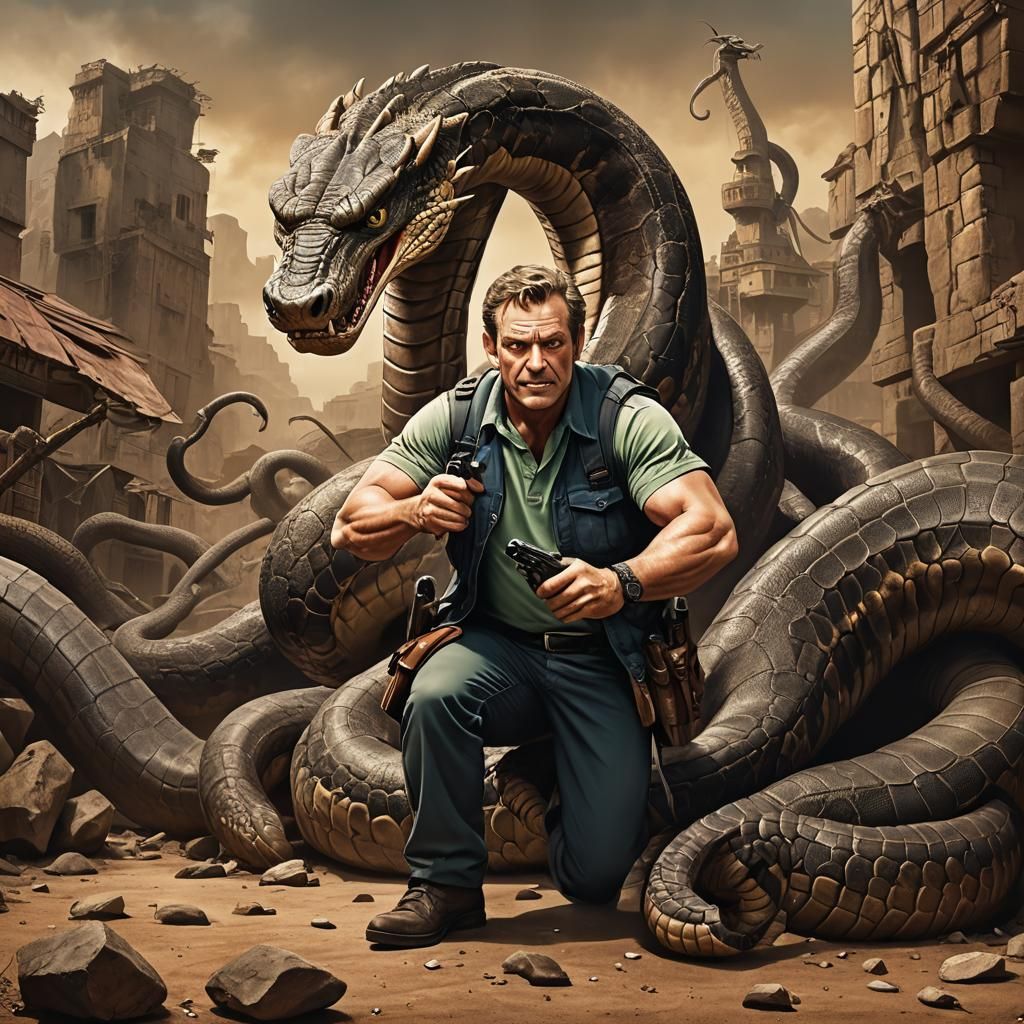 Hunter Unknowingly Sits on Giant Snake, Detailed Matte Paint...
