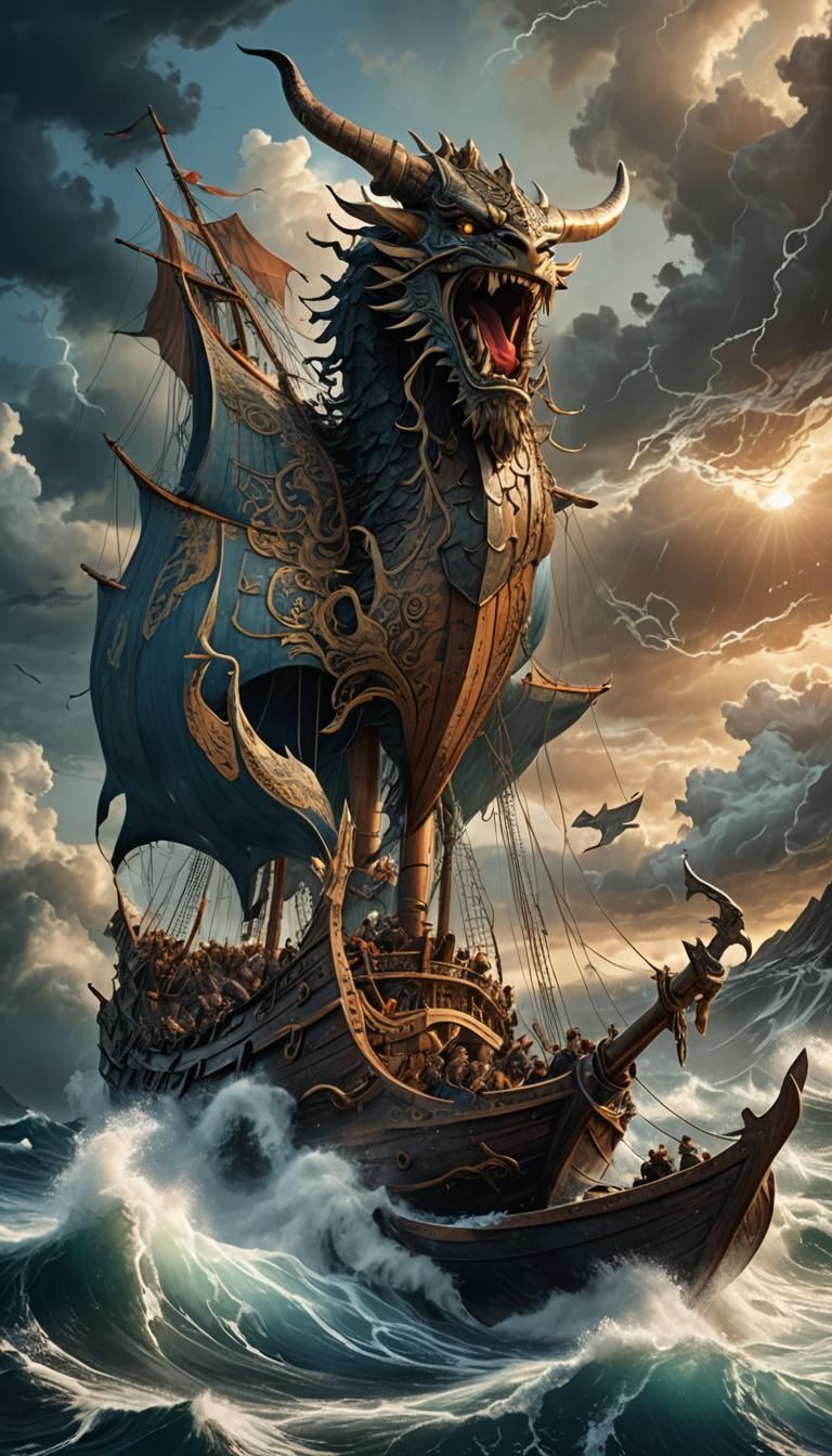 Viking Ship in Rough Waters: A longship with a carved dragon...