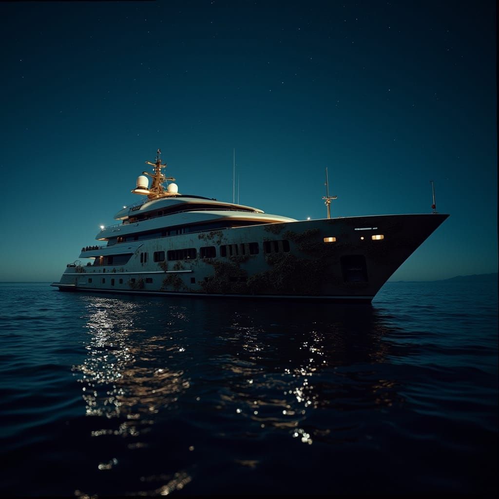 Luxury Yacht Adrift in Pacific Ocean at Night