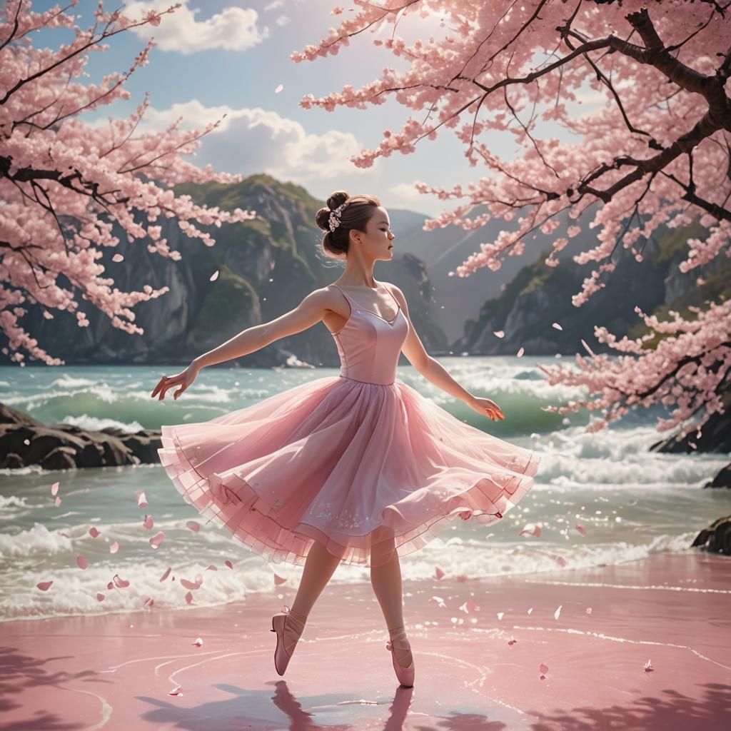 Ballerina Dancing on Pink Waves with Cherry Blossoms