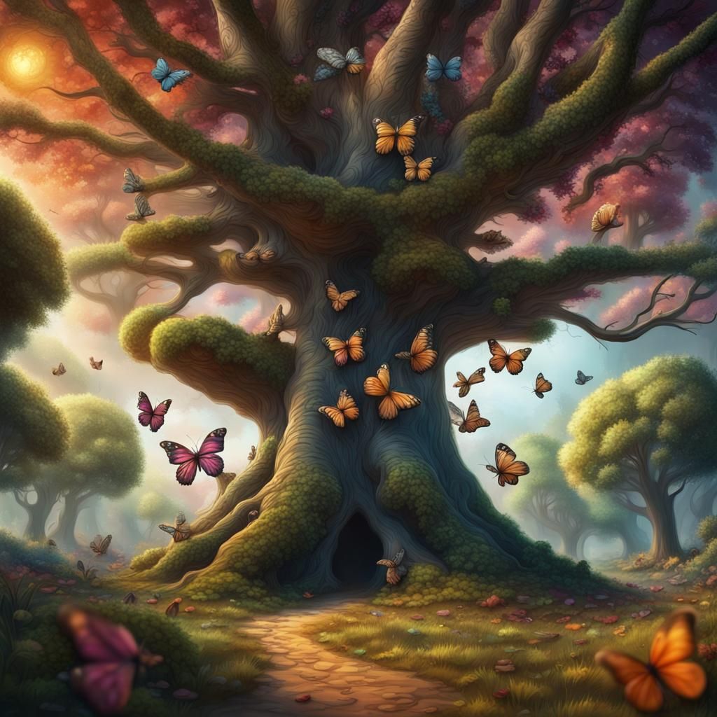 Enchanted Forest: Butterflies Bloom on Giant Trees