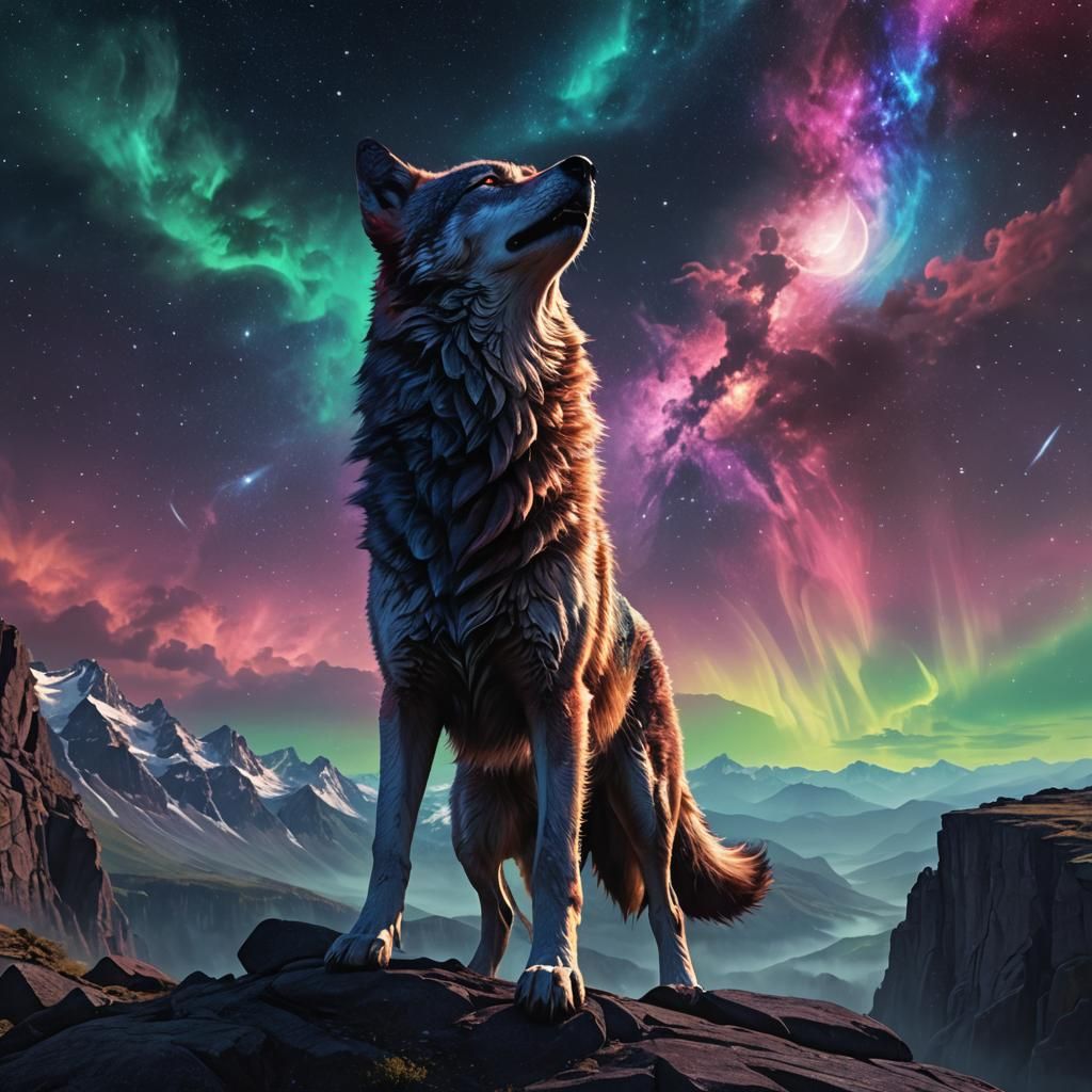 Galaxy Wolf Howling at the Moon: Cinematic Digital Art