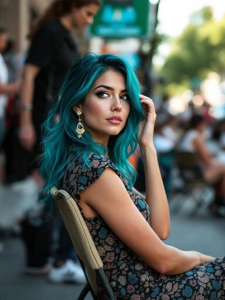 Contemplative Teal-Haired Woman at City Parade