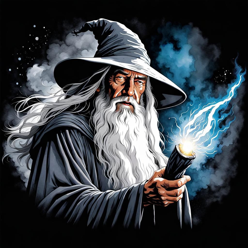 Sinister Gandalf Casting a Spell in Watercolor
