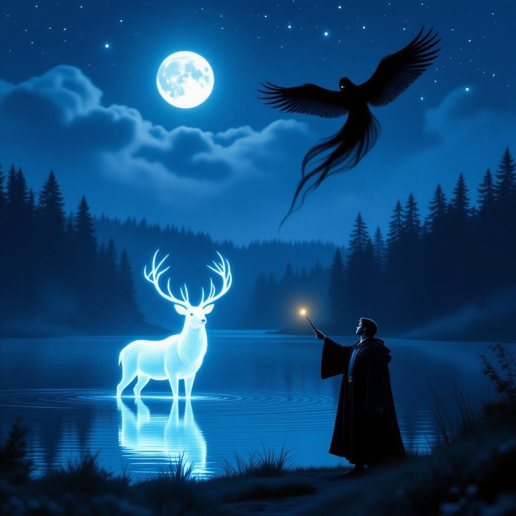Ethereal Deer Spirit Protecting Wizard in Dark Forest