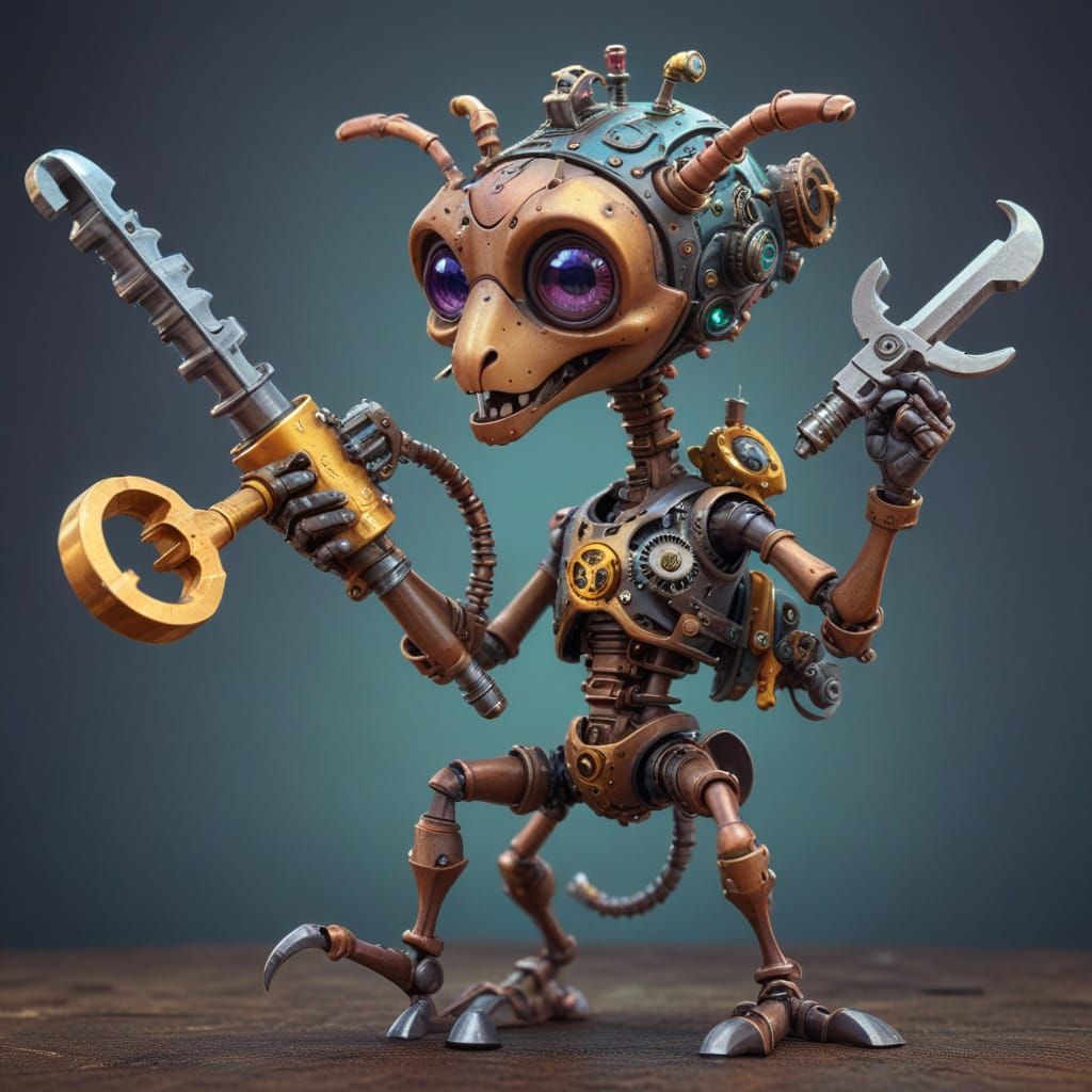 Steampunk Wrench Ant Repairs Drill Amidst Vibrant Fractal Fo...
