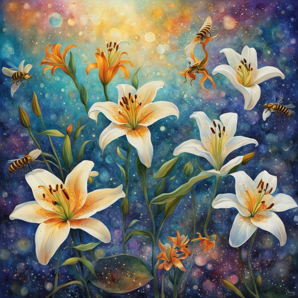 Cosmic White Lilies with Dreaming Bees