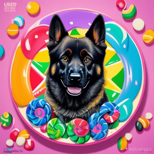 Woman and German Shepherds in Whimsical Candy Art Style