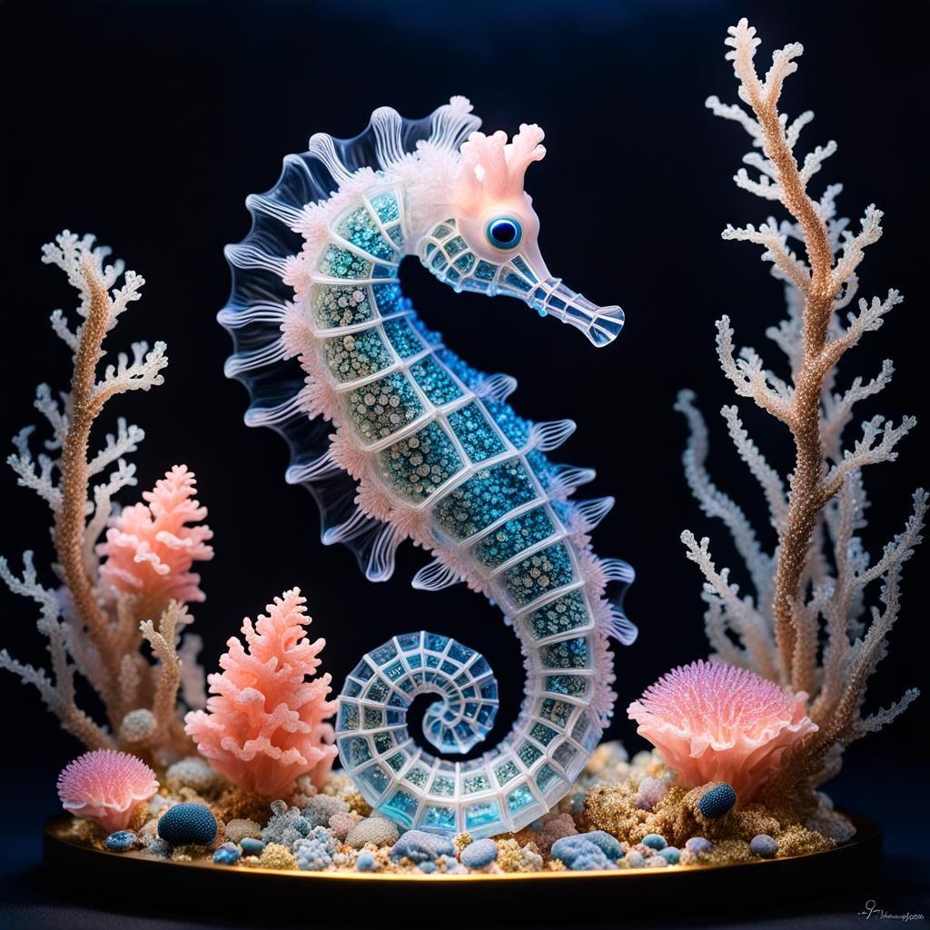 Bioluminescent Crystal Seahorse Sculpture in Glass