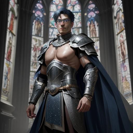 Handsome Knight with Blue Hair in Ethereal Light