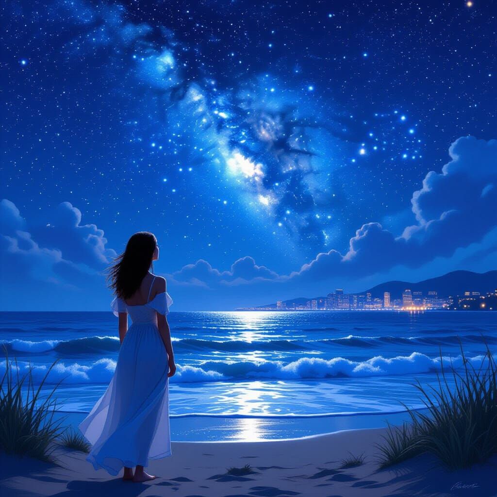 Woman Gazing at Starry Summer Night Seaside