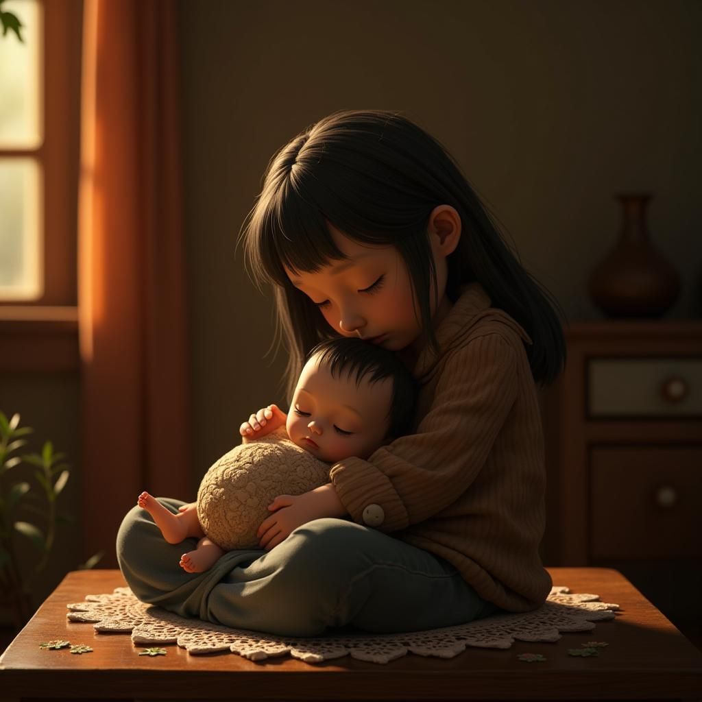 Wooden Mother and Baby on Doily, Cinematic Lighting