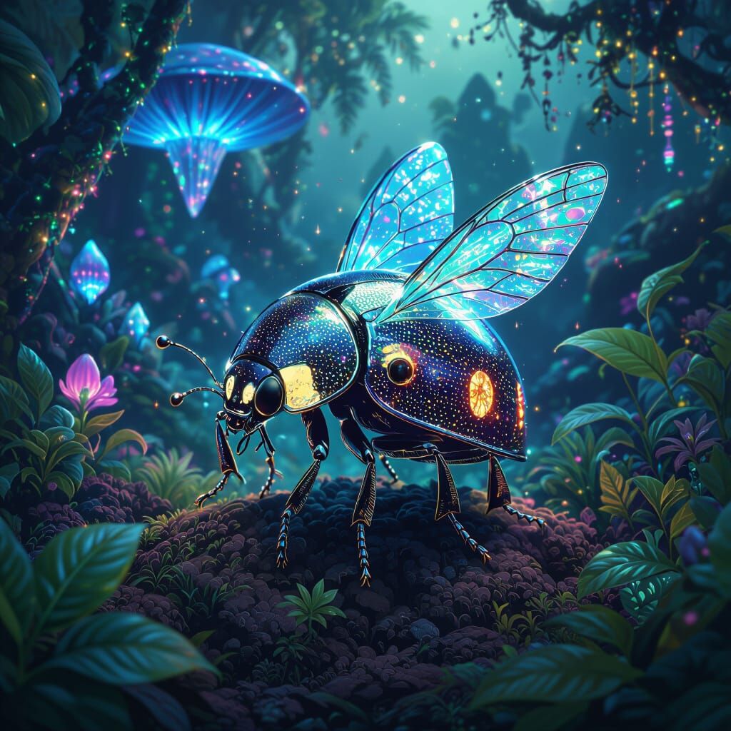Holographic Metallic Ladybug in Alien Rainforest