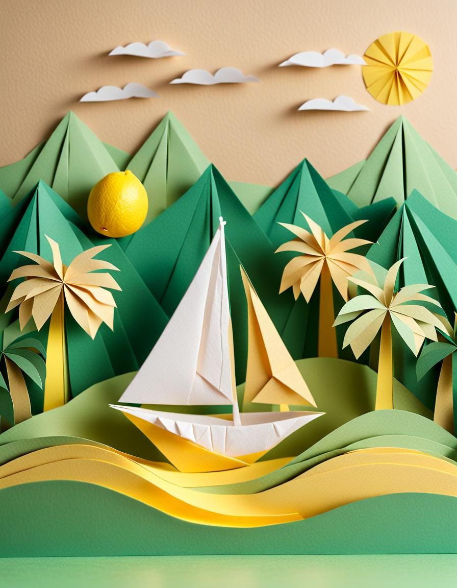 A paper-crafted tropical scene with a sailboat on calm green origami waves, surrounded by palm trees and hills made of f...