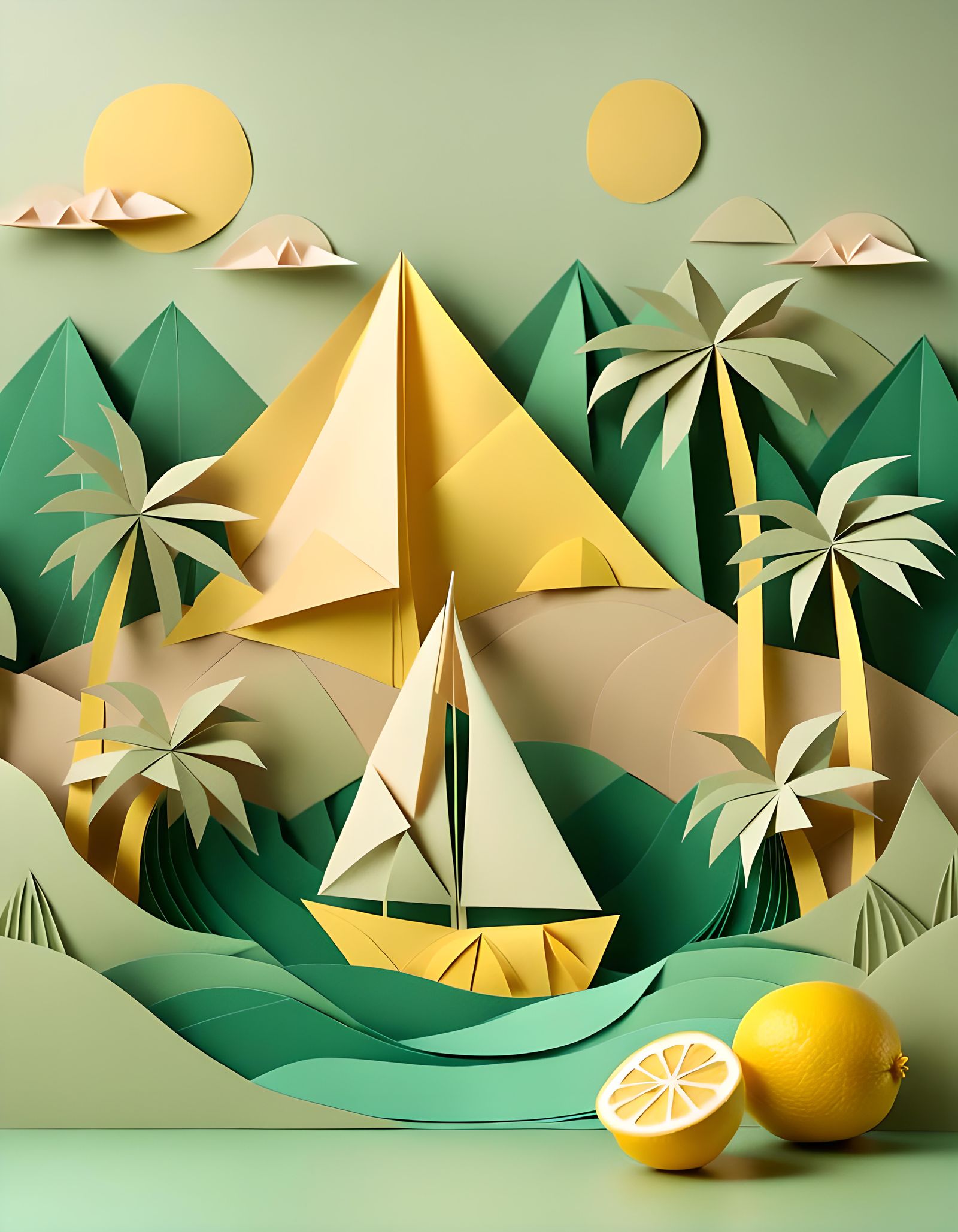 Paper-Crafted Tropical Scene with Origami Sailboat