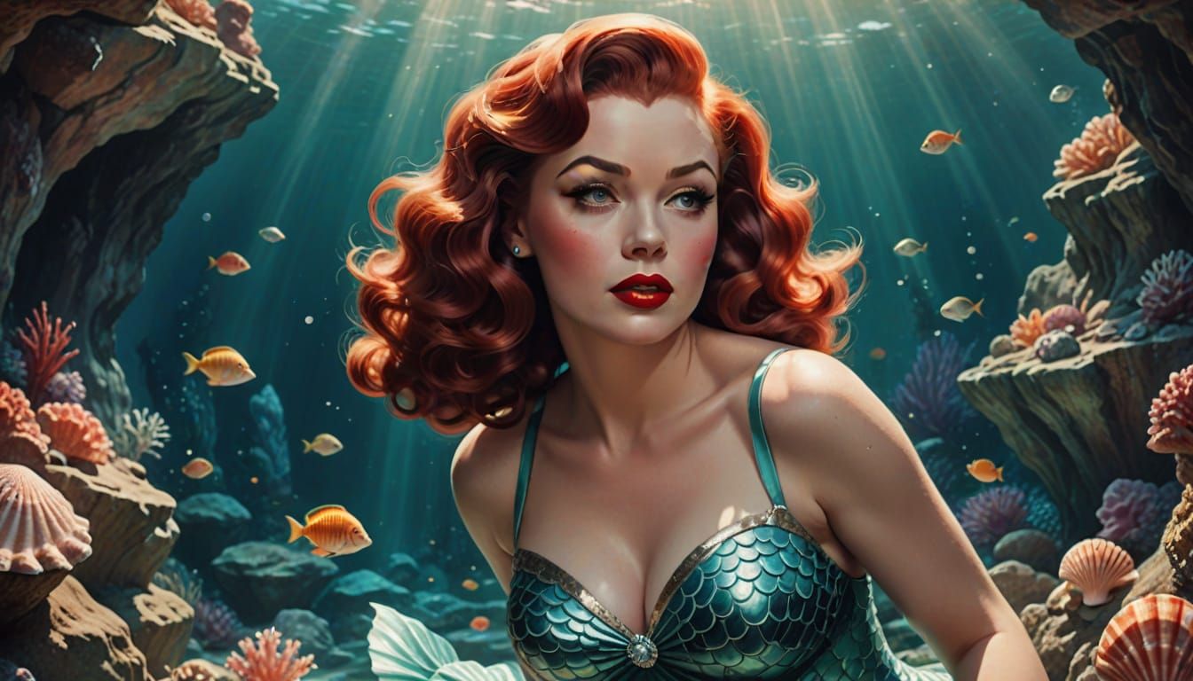 Vintage Pin-up Little Mermaid with Susan Hayward's Face