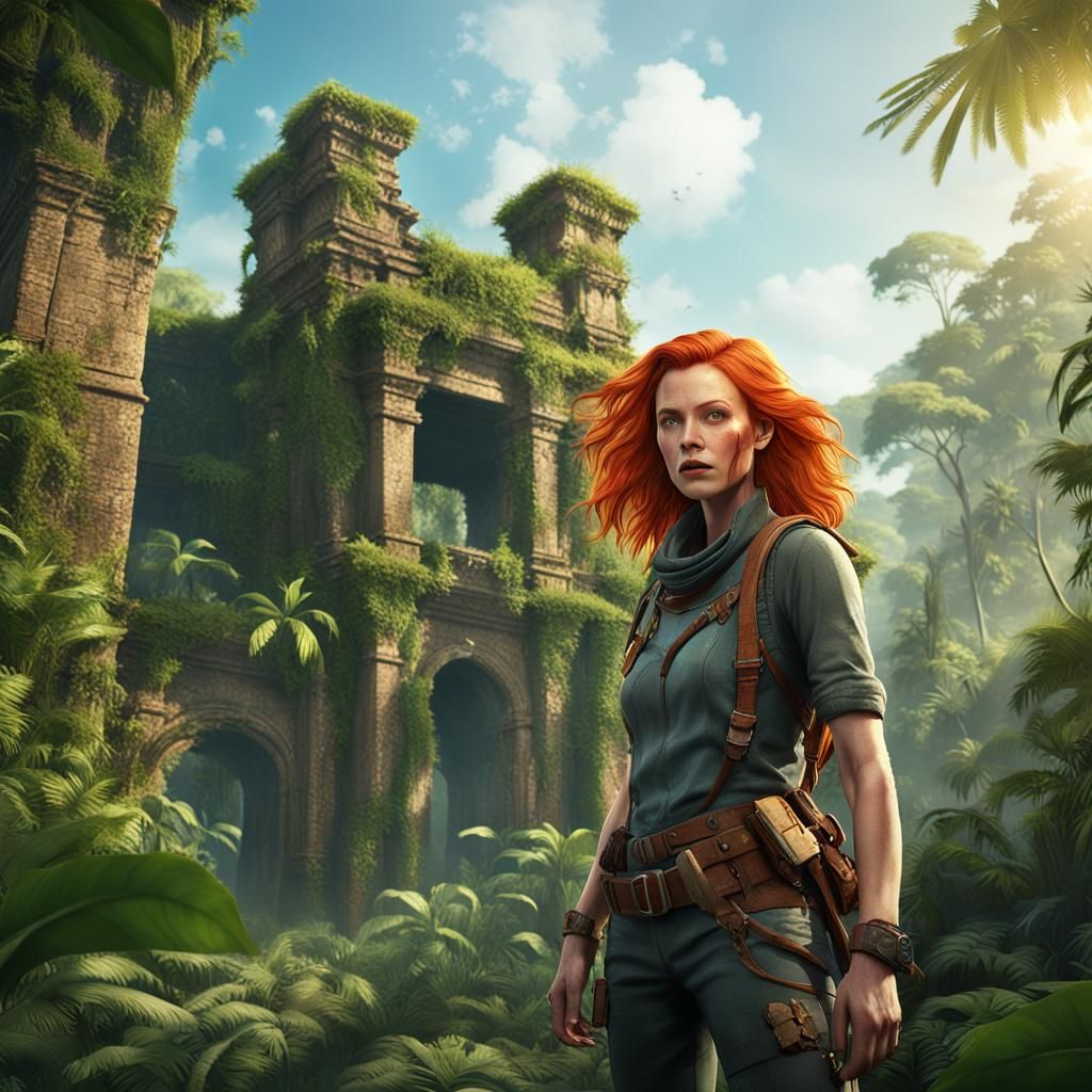 Ginger Adventurer in Jungle Ruins: Fashion Photography