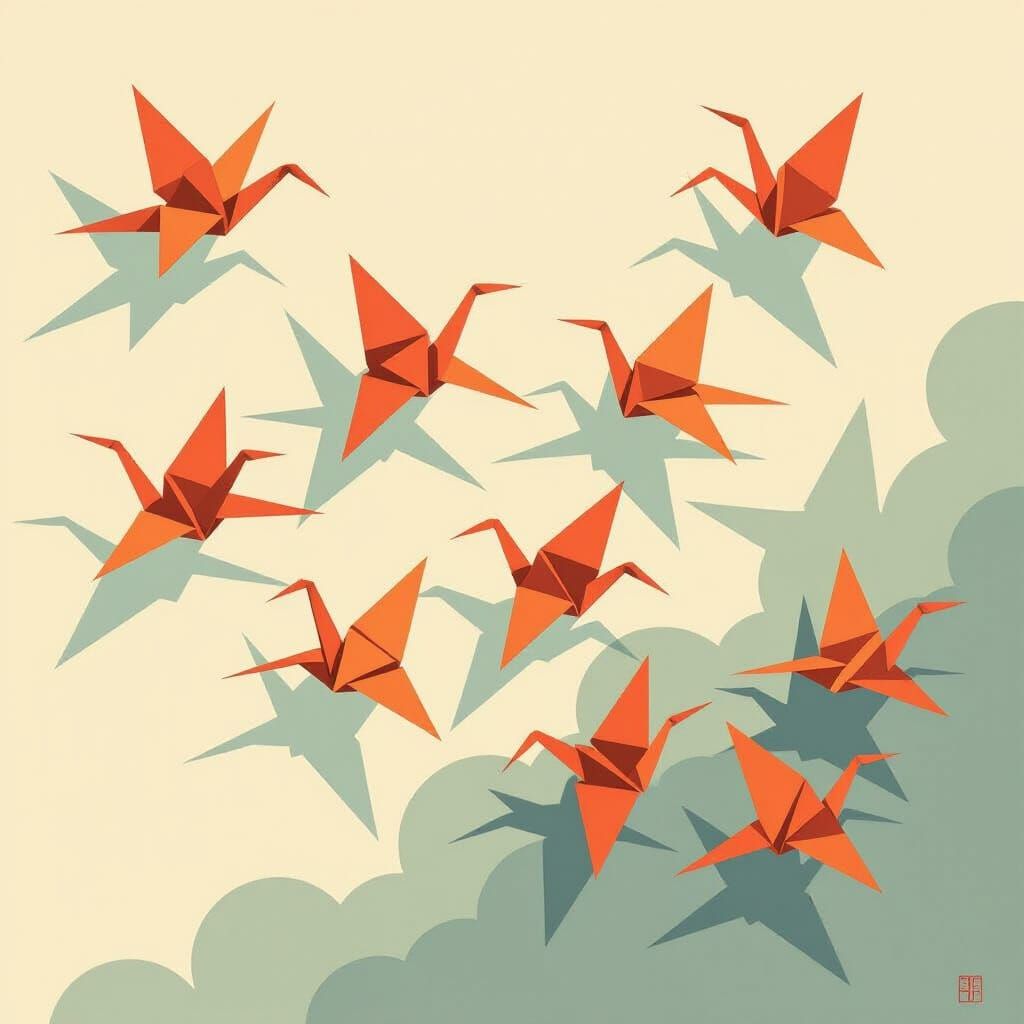 Origami Cranes in Flight: Op Art and Ink Wash Style
