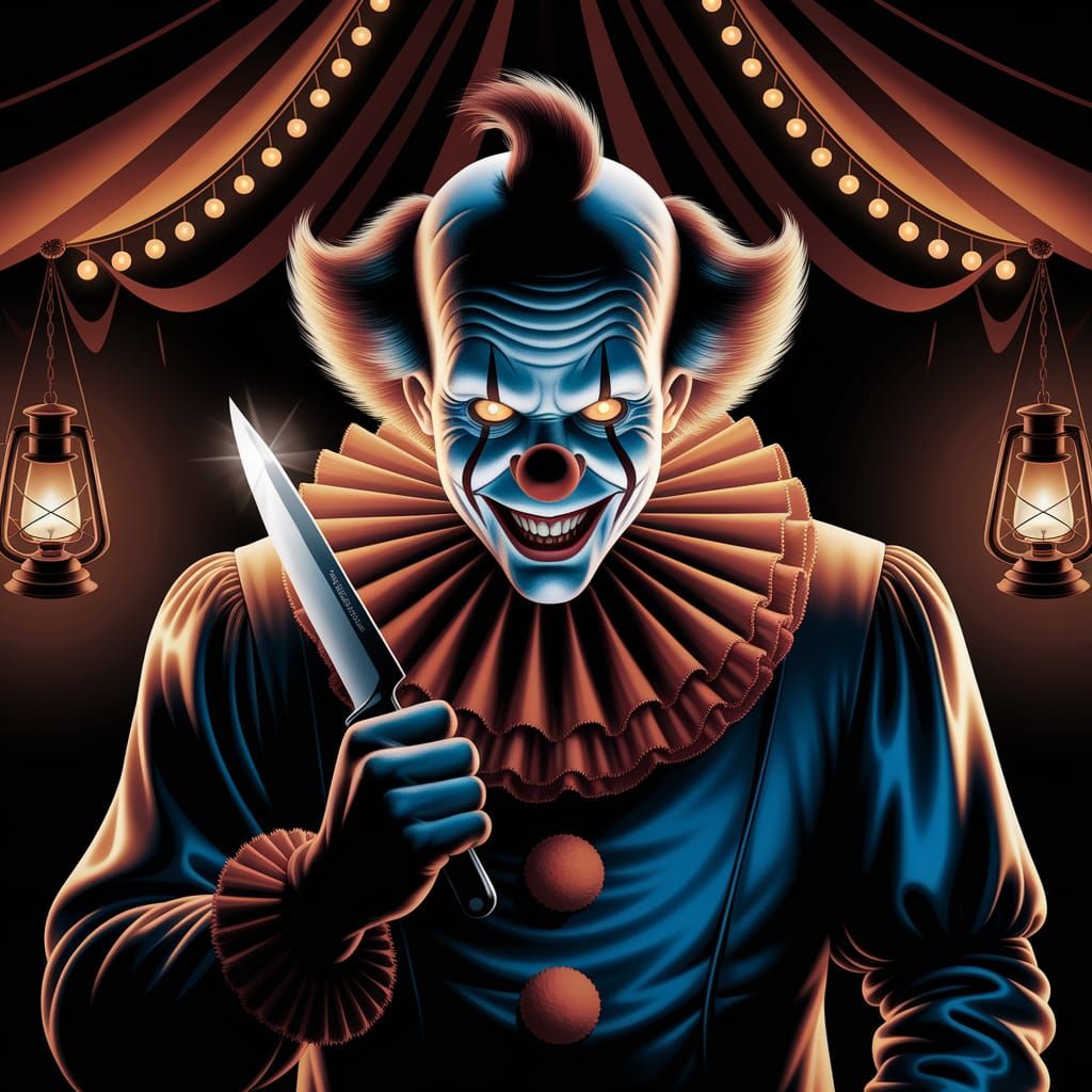Menacing Clown Emerges from Shadows in Creepy Circus Scene
