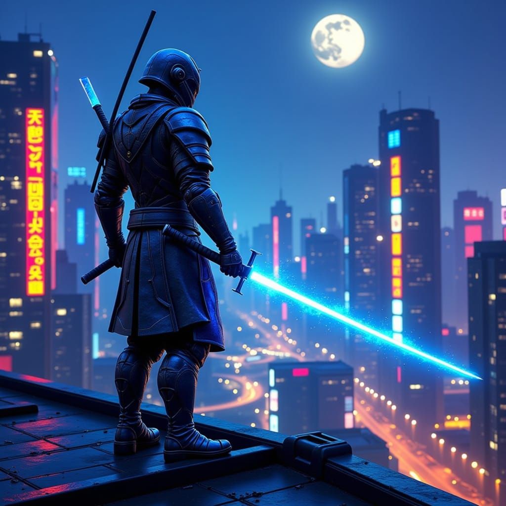 Cyberpunk Samurai Warrior Overlooking Neon Cityscape