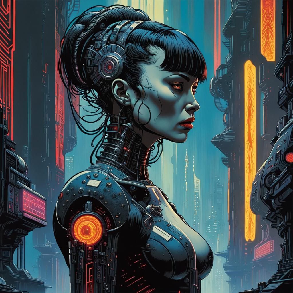 Cyborg Woman in Dark Gothic Cyberpunk City