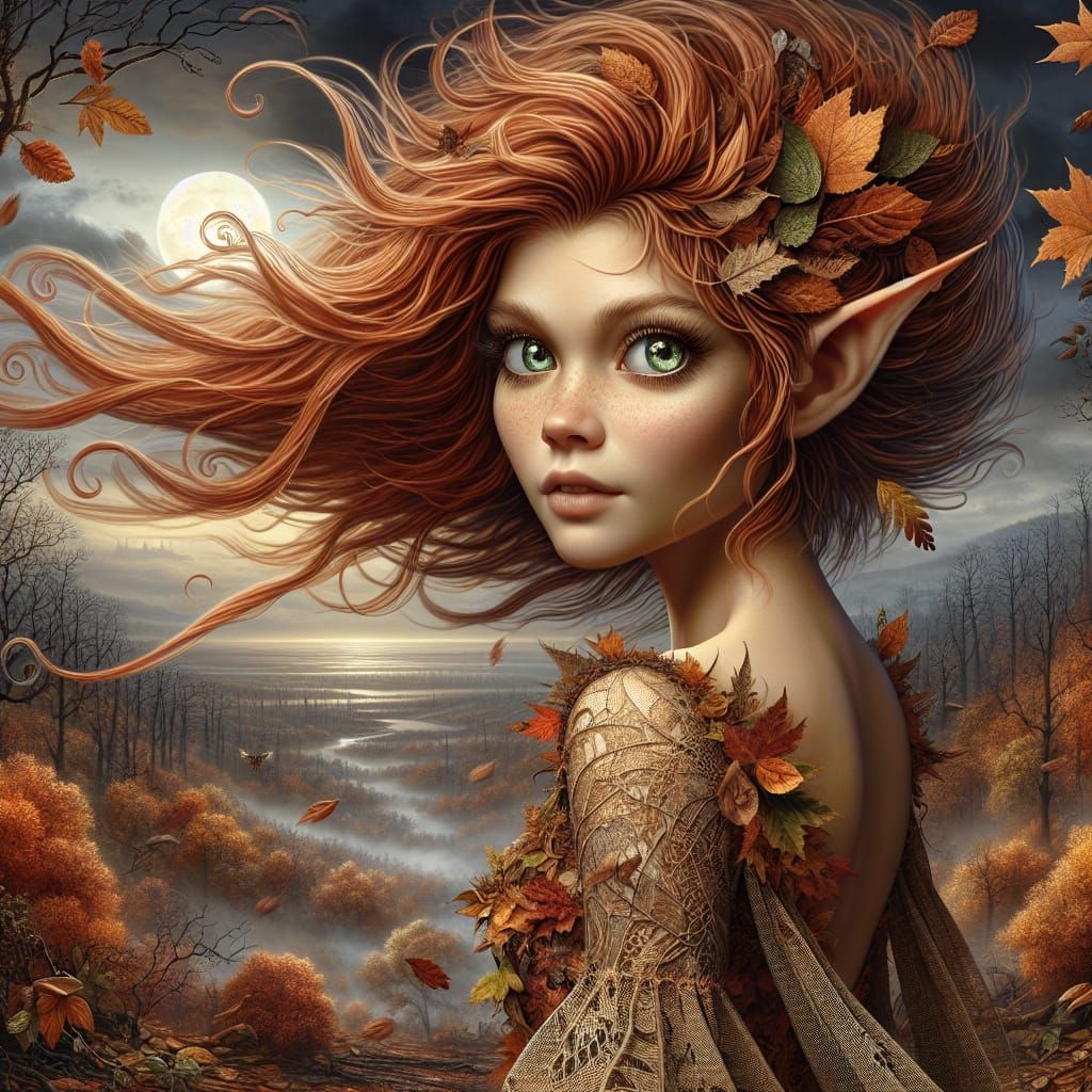 Mischievous Pixie in Autumn Moonrise Scene