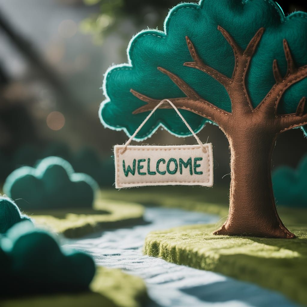 Whimsical Felt Forest with Solitary Oak Tree